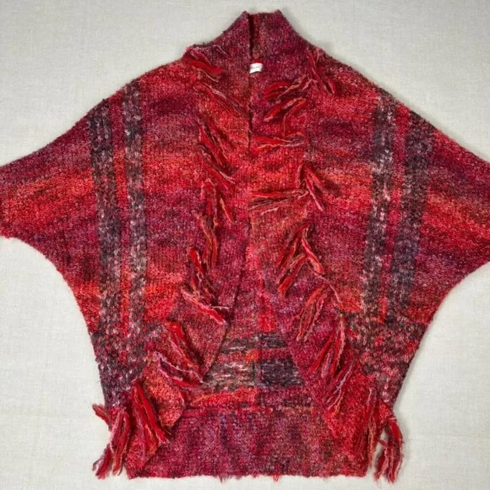 Anthropologie Open Cardigan‎ Sweater XS Fringe Red Boho Southwestern Cocoon